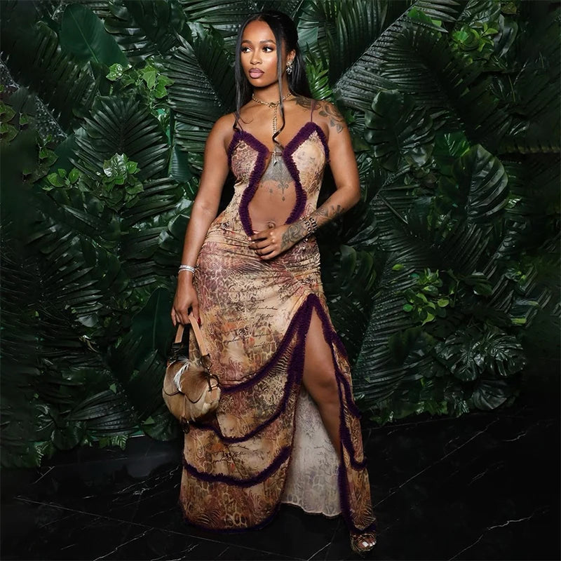 Full shot of a woman wearing the Brown Pinted Camisole Cut-Out Maxi Wrap Dress.