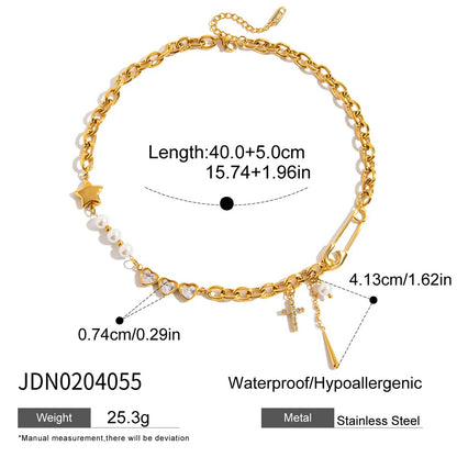 Y2K Patchwork Chain Necklace - Stainless Steel Paperclip & Pentagram Cross with Zirconia