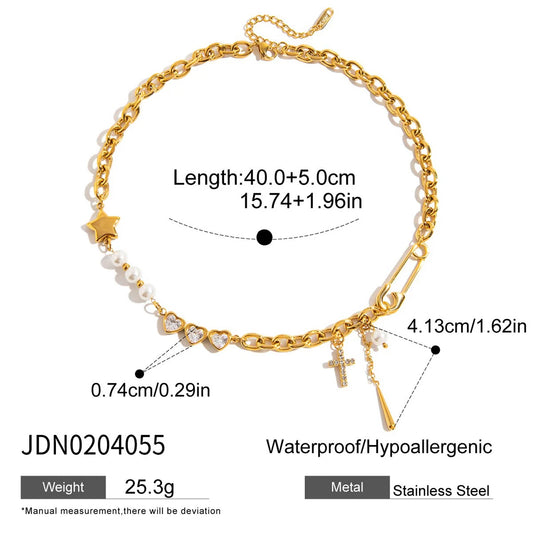 Y2K Patchwork Chain Necklace - Stainless Steel Paperclip & Pentagram Cross with Zirconia - additional view 7
