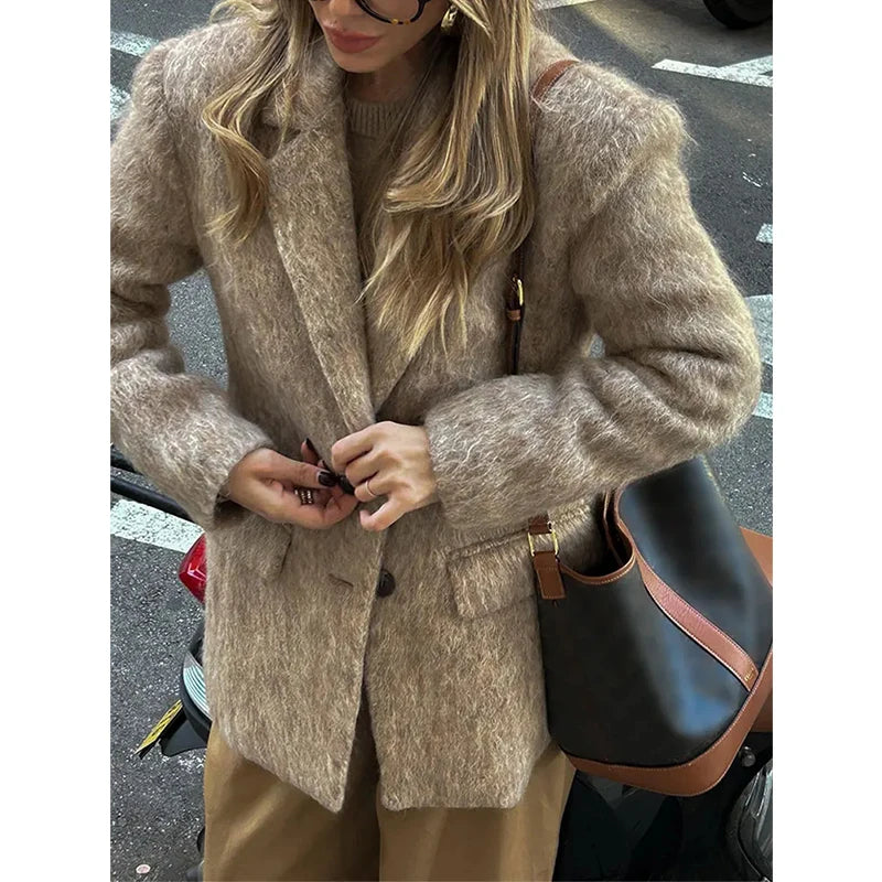 Woman wearing her brown Lapel Plush Coat