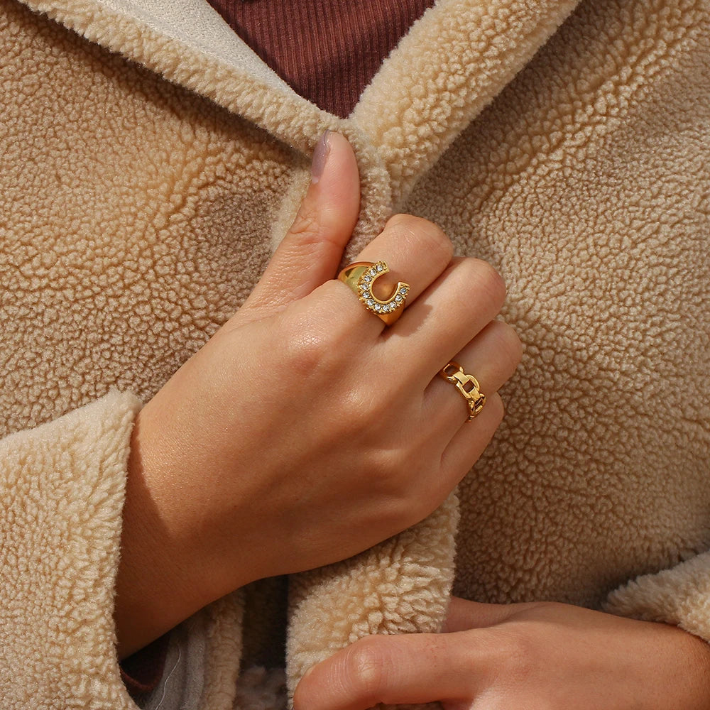 "Eden lucky horseshoe Gold Letter Paved Stainless Steel Ring"