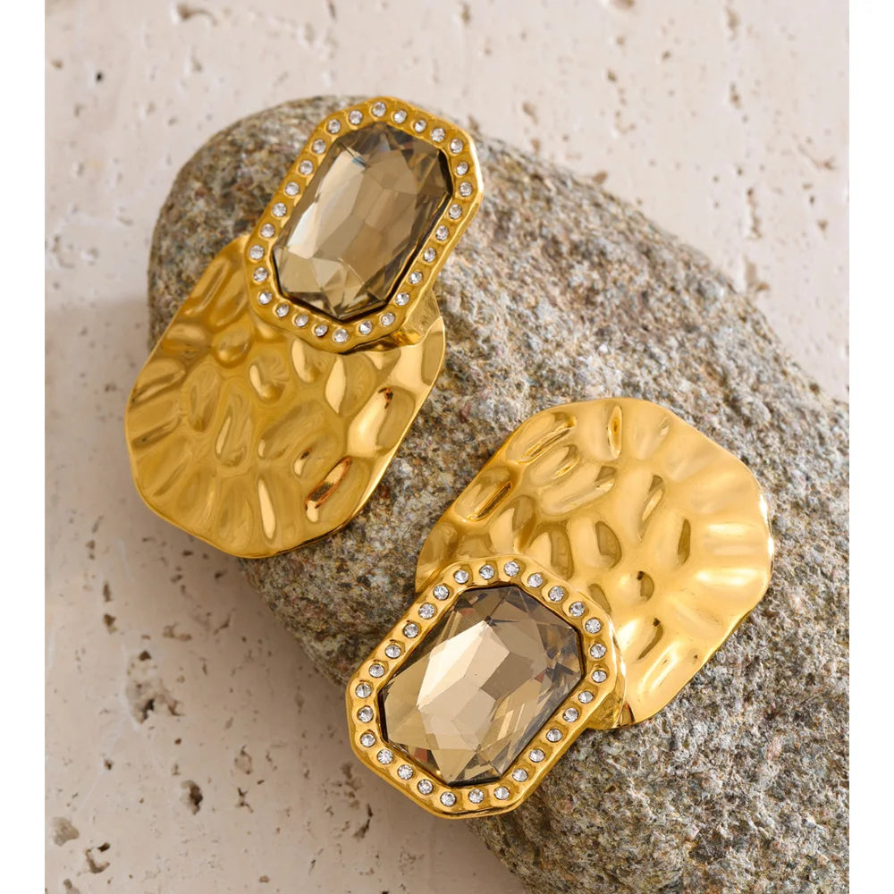 Crystal Square Golden Stud Earrings Stainless Steel Geometric Statement Wear