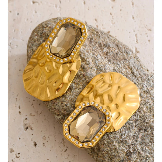 Crystal Square Golden Stud Earrings Stainless Steel Geometric Statement Wear