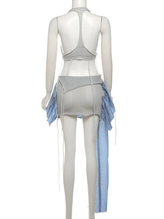 Back details of gray Two-Piece Irregular Patchwork Skirt with Halter Bralette