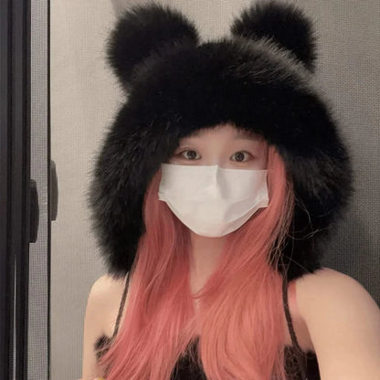 Sample wearing of Black Faux Fur Earflap Hat
