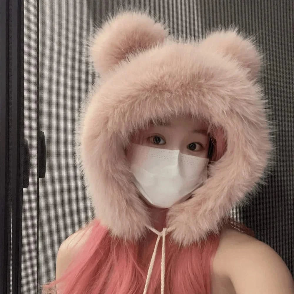 Sample wearing of Pink Faux Fur Earflap Hat