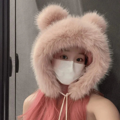 Sample wearing of Pink Faux Fur Earflap Hat
