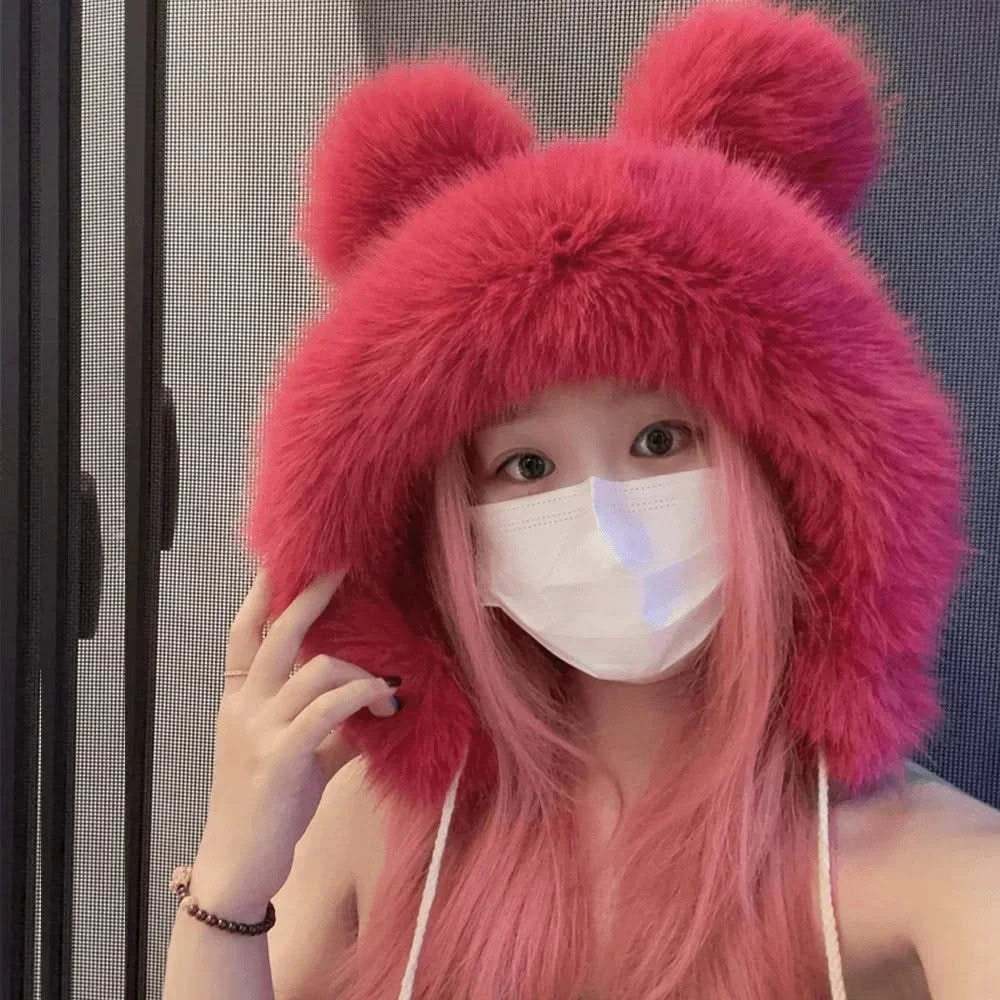 Sample wearing of Rose Red Pink Faux Fur Earflap Hat