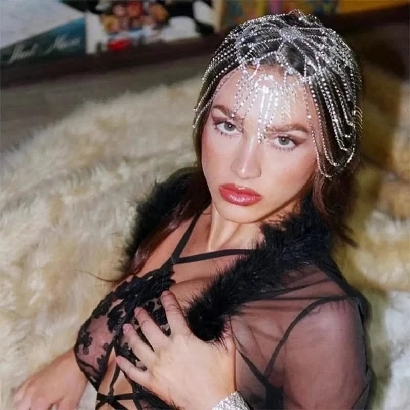Sample wearing of Silver Tassel Headpiece