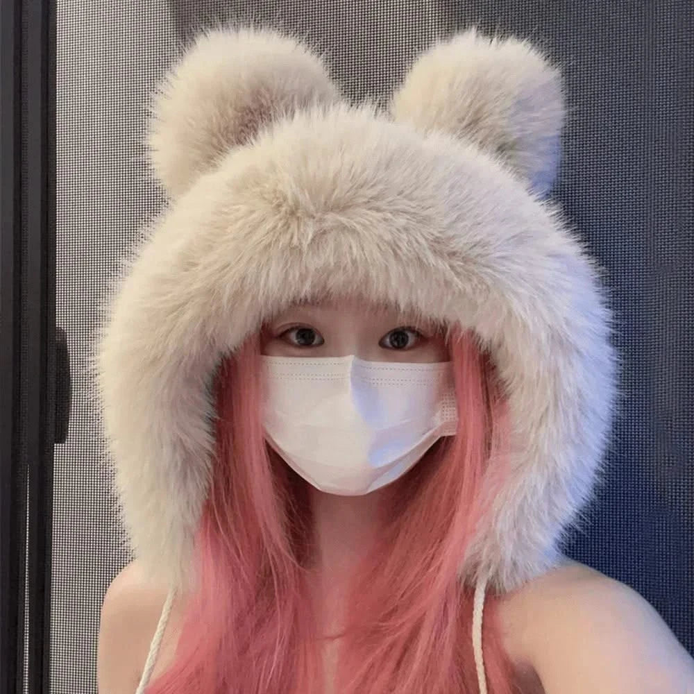 Sample wearing of White Faux Fur Earflap Hat