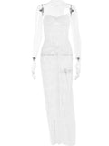 White Lace Hollow Out Ruched Maxi Dress