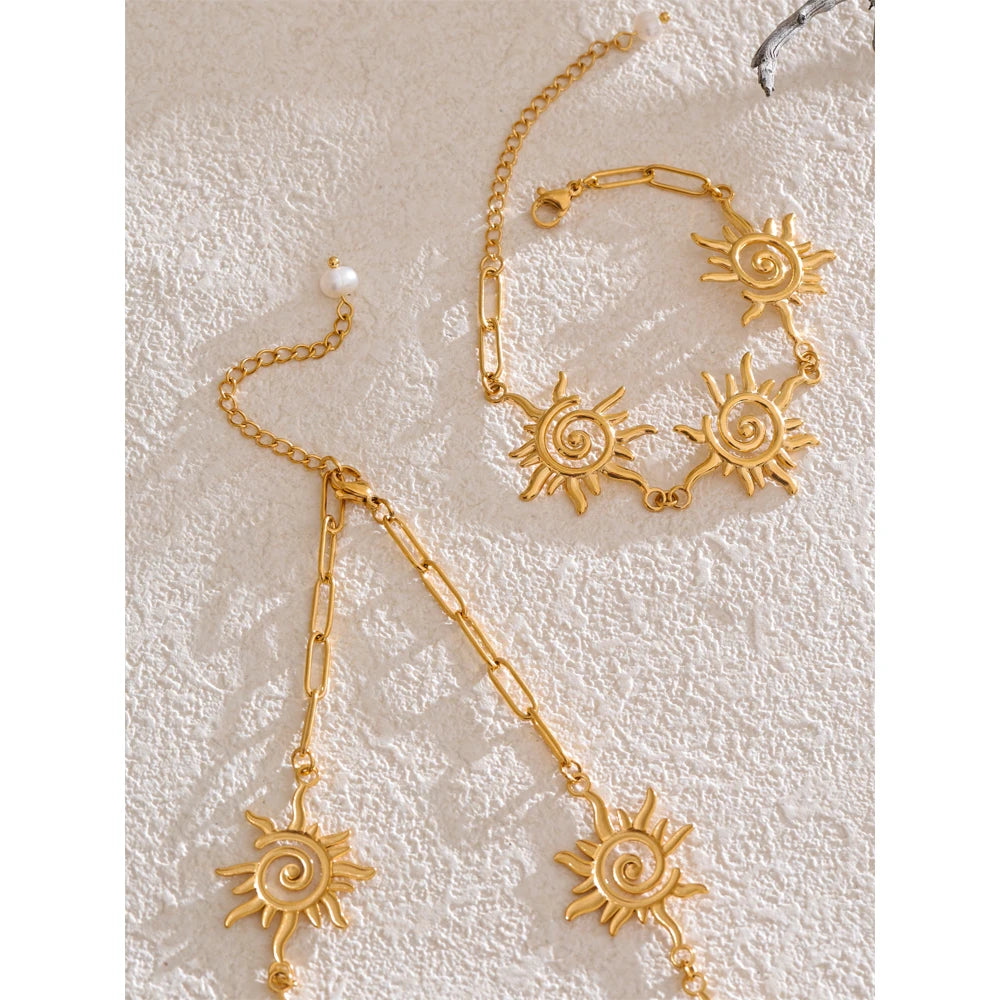 Sun Necklace Bracelet Set - Stainless Steel Waterproof