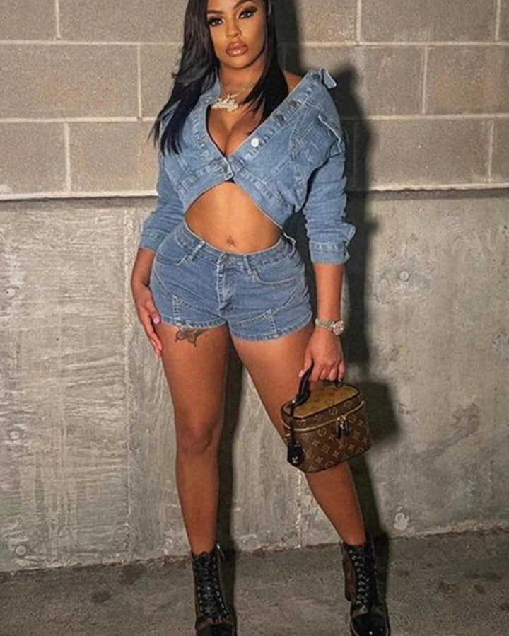 Woman wearing her Denim Jacket and Shorts