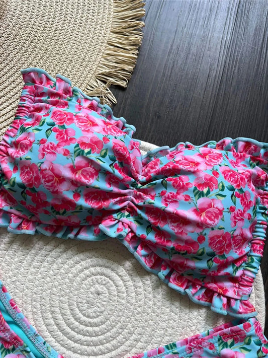 Floral Ruffled Bikini Set  #K6044 - model wearing new