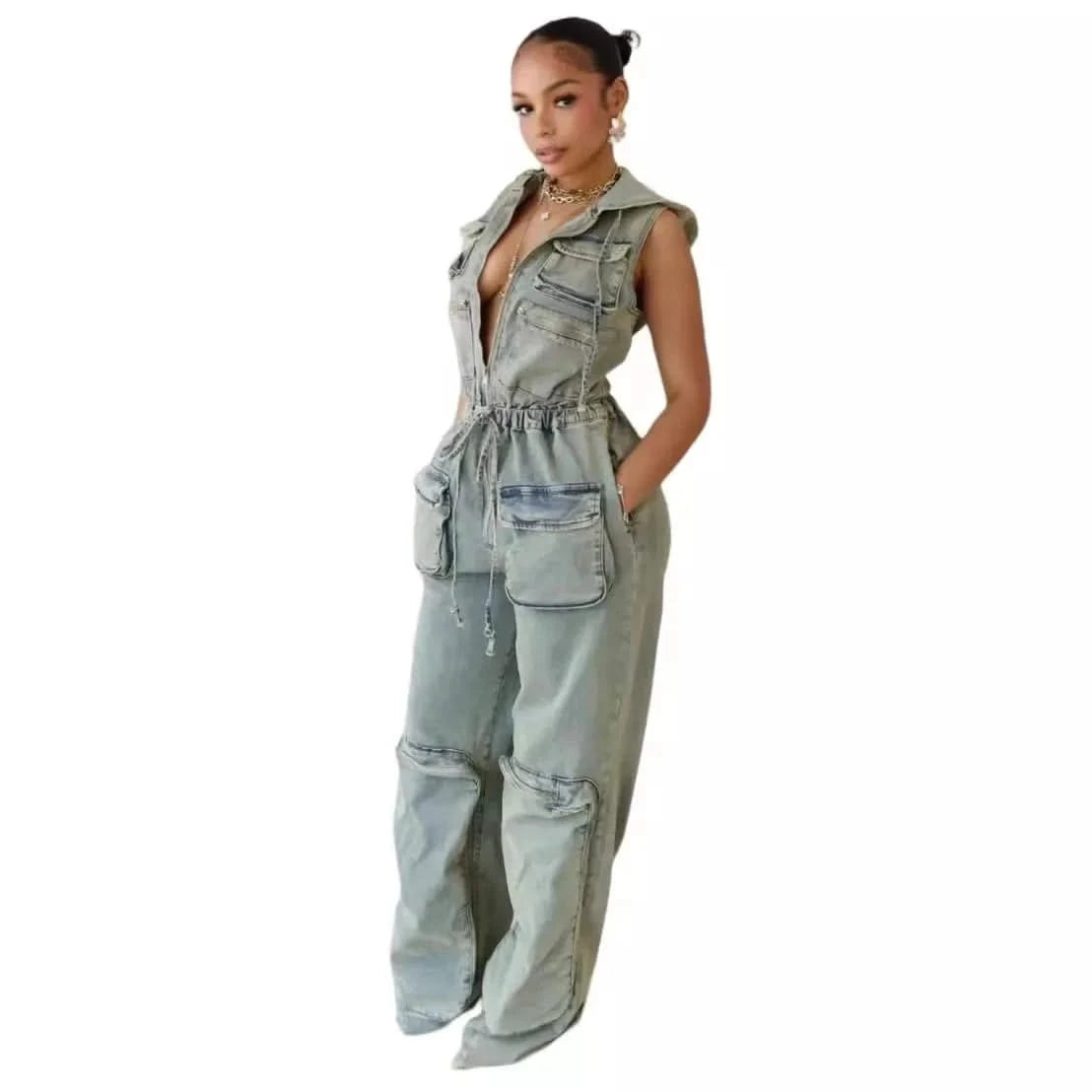 Side details of Denim Hooded Jumpsuit