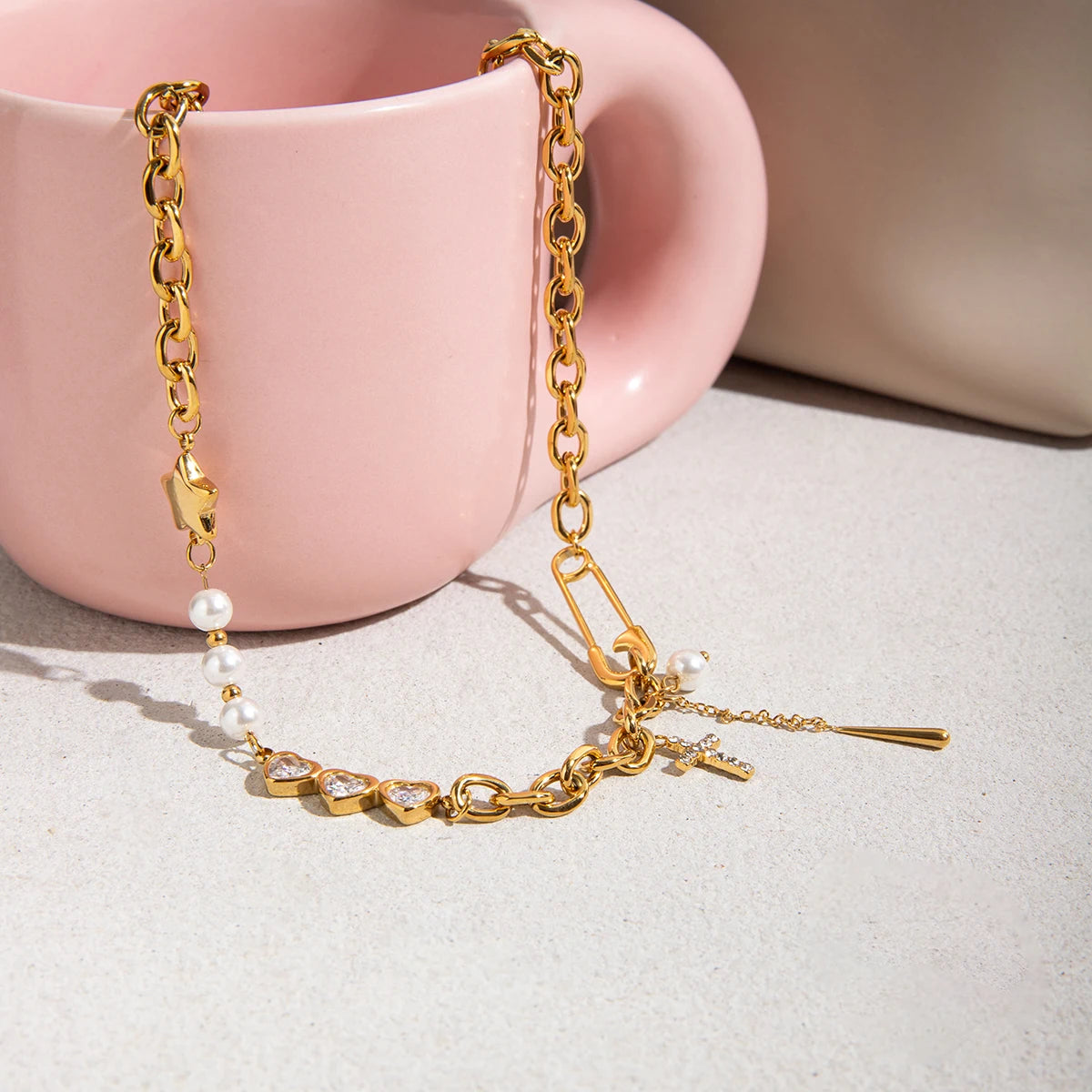 Y2K Patchwork Chain Necklace - Stainless Steel Paperclip & Pentagram Cross with Zirconia