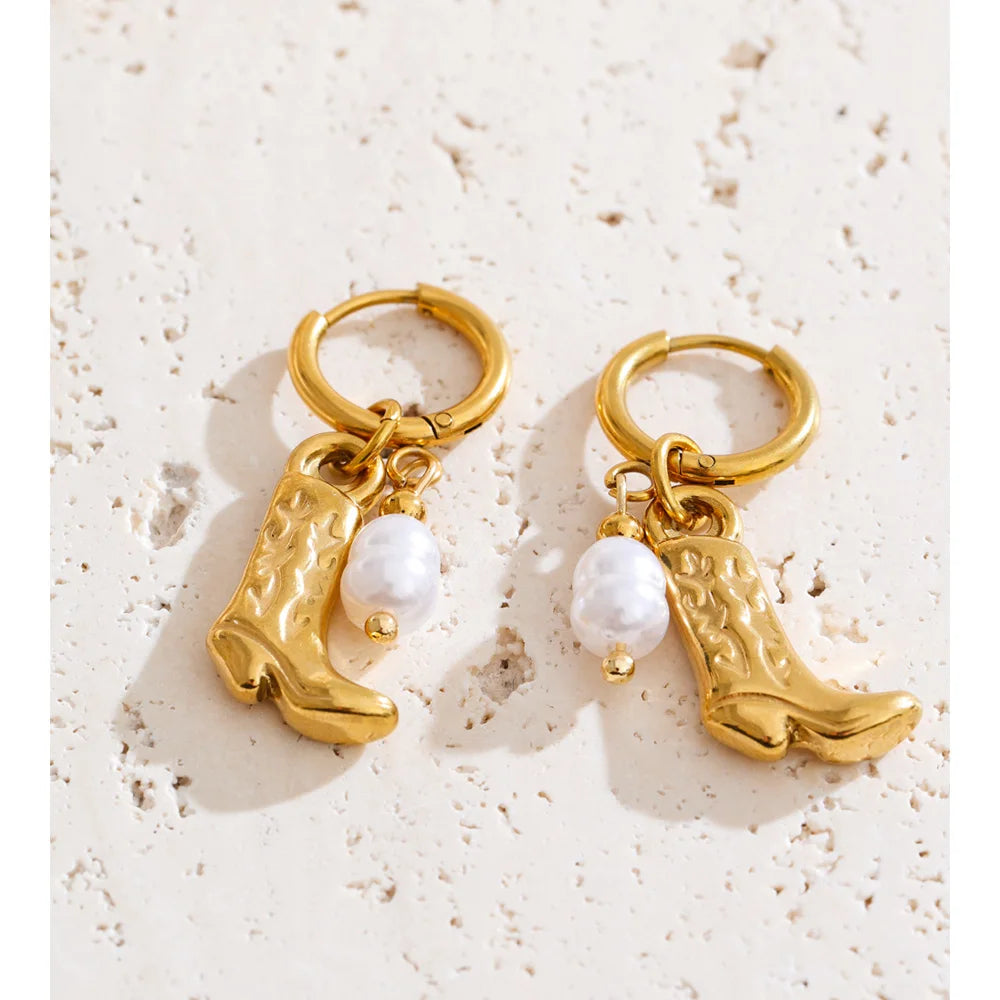 Cowgirl Pearl Gold-color Hoop Earrings