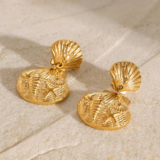 Ocean Shell Stud Earrings - 18K Gold Plated Stainless Steel - lifestyle photo