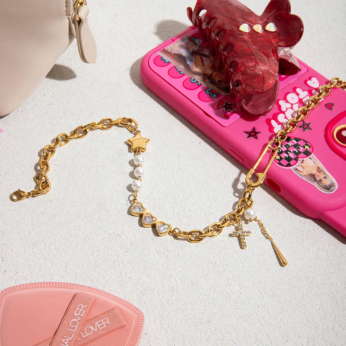 Y2K Patchwork Chain Necklace - Stainless Steel Paperclip & Pentagram Cross with Zirconia