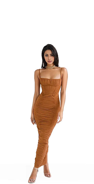 woman wearing brown Corset Ruched Maxi Dress