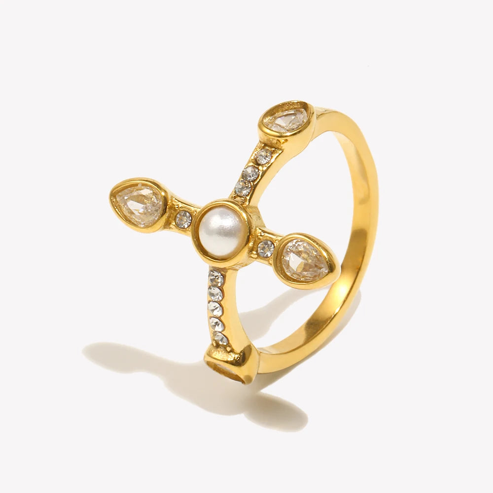 Elegant Waterdrop Zircon Cross Ring - 316L Stainless Steel Waterproof Jewelry