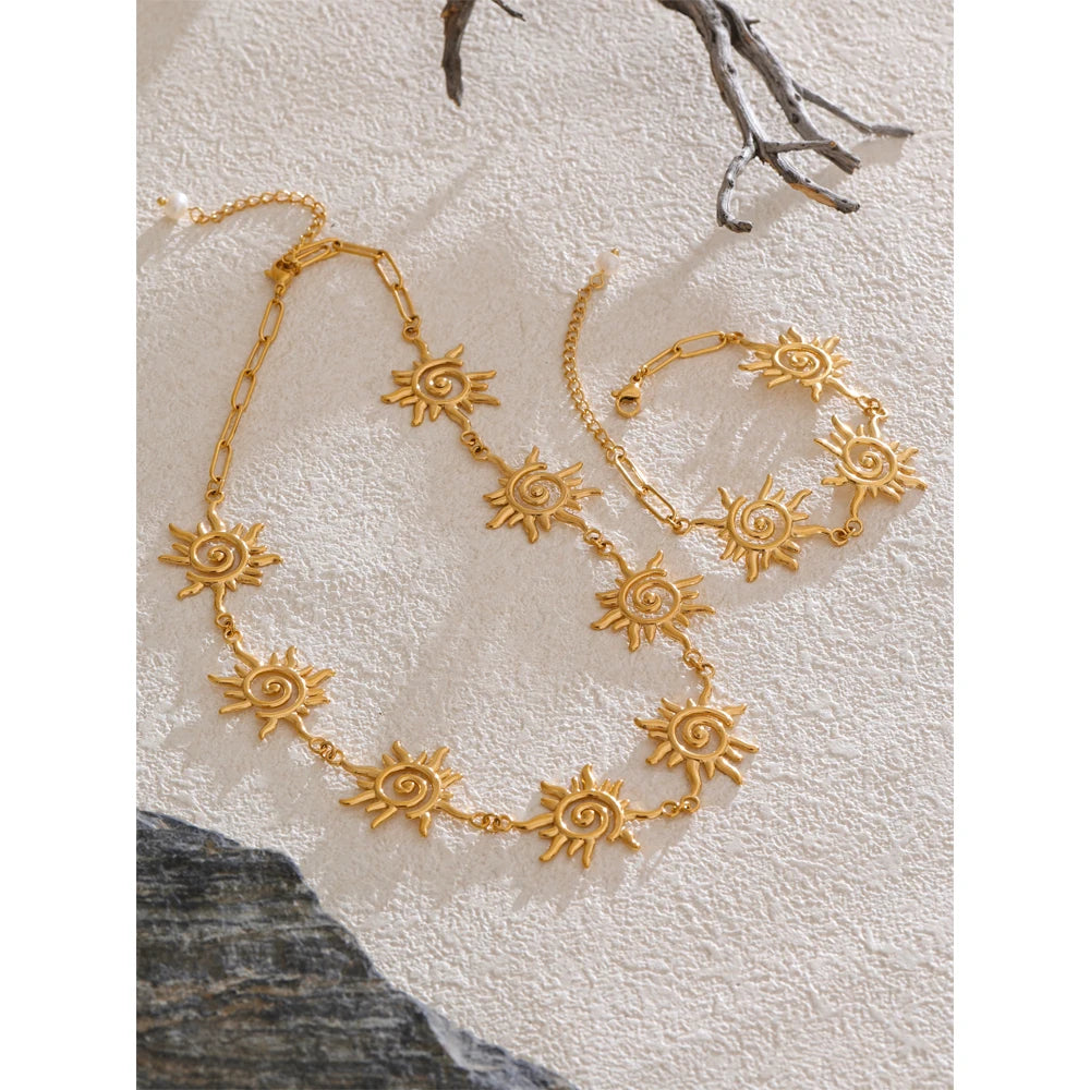 Sun Necklace Bracelet Set - Stainless Steel Waterproof