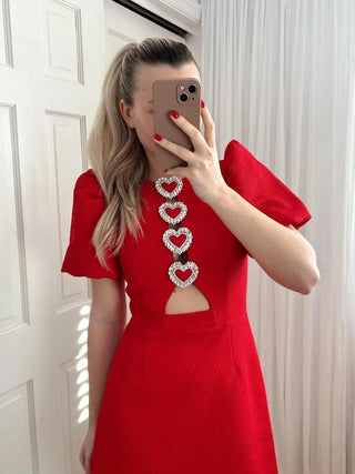 Close-up details of Red Hollow-Out Puff Sleeve Dress