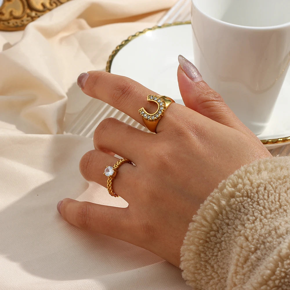 "Eden lucky horseshoe Gold Letter Paved Stainless Steel Ring"