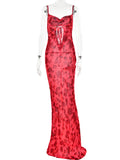 Red Leopard Print Long Dress with Back Lace Up