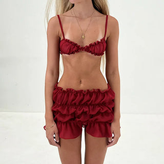 Red Ruffled Spaghetti Strap Top and Skirt Set