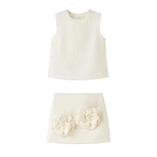 Beige 3D Flower Skirt and Sleeveless Crop Top Set