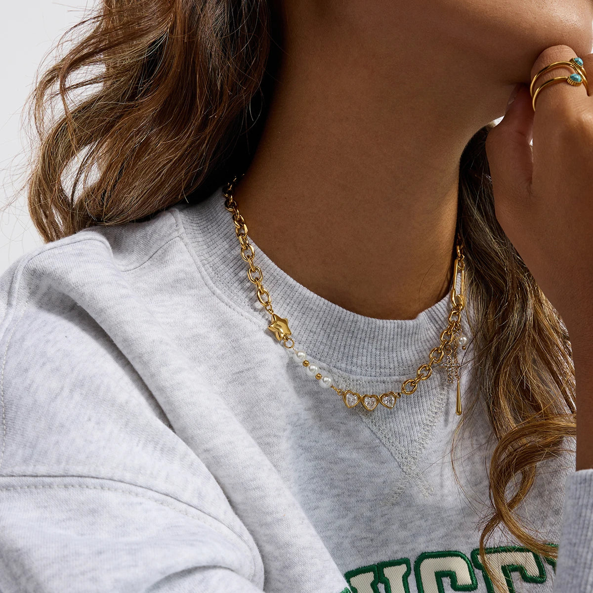 Y2K Patchwork Chain Necklace - Stainless Steel Paperclip & Pentagram Cross with Zirconia