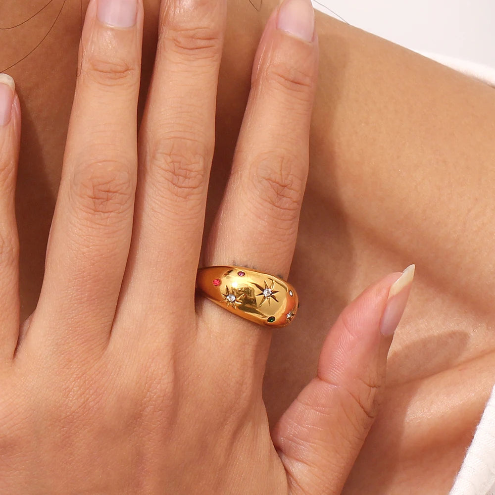 Colorful Zircon Round Dome Stainless Steel Ring