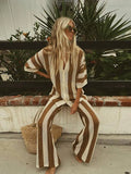 Fashion Hollow Stripe Shirts 2 Piece Sets Chic V Neck Half Sleeves Wide Leg Pants Suits 2024 Summer Female Beach Vacation Outfit - Mabel Love Co
