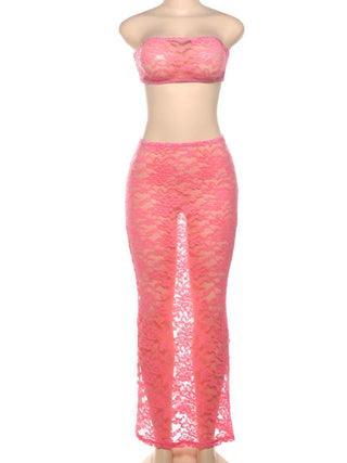 Pink Two-Piece Strapless See -hrough Dress