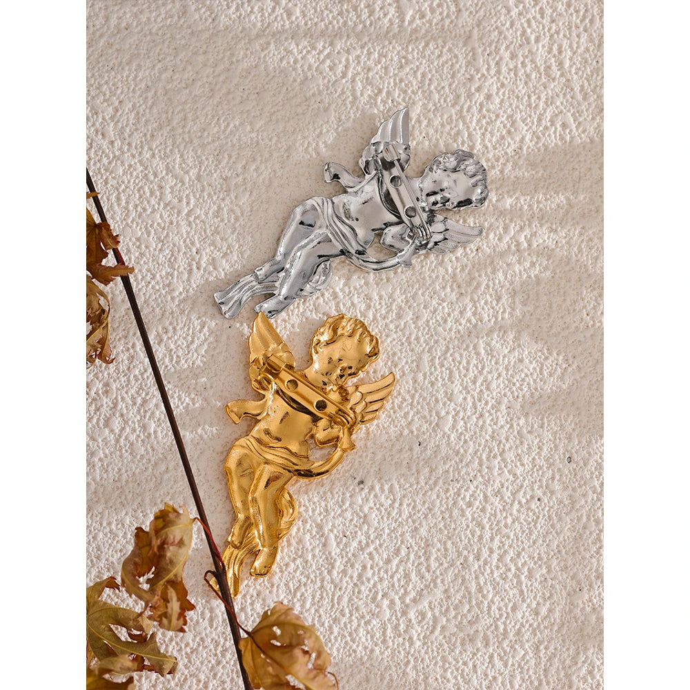 Gold Plated Stainless Steel Angel Blow Horn Brooch Pin