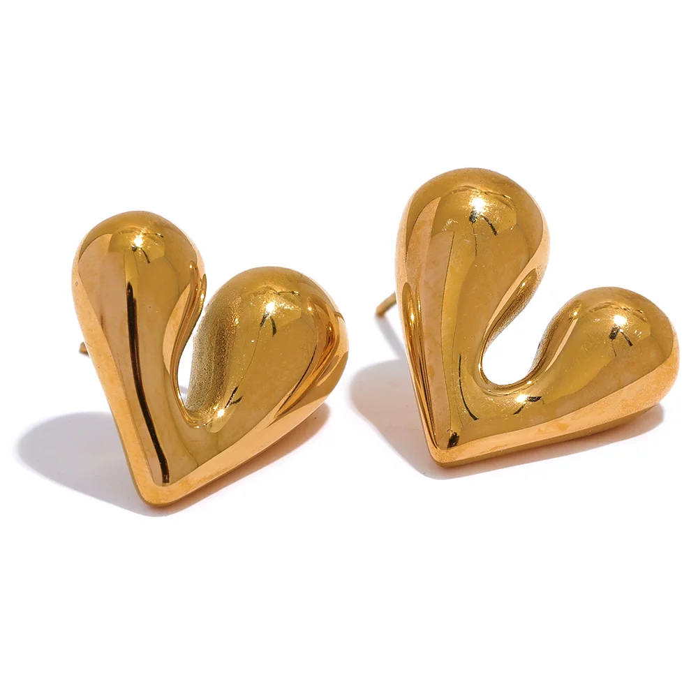 Gold Wide Heart Stud Earrings