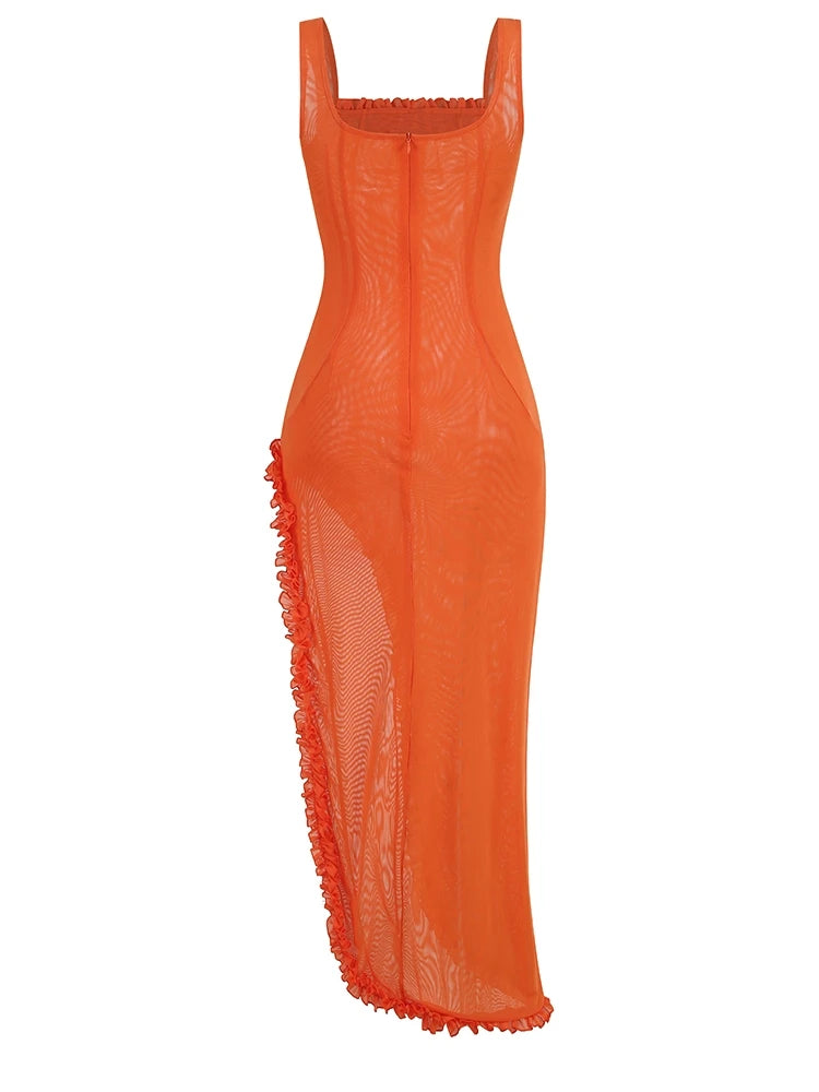 Front details of Orange Ruffle Maxi Slit Dress