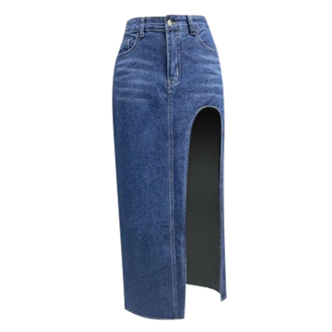 Front Angle of Blue Long Denim Skirt with Slit