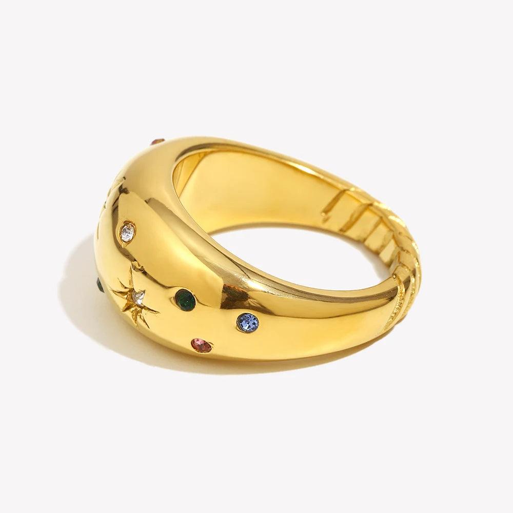 Colorful Zircon Round Dome Stainless Steel Ring