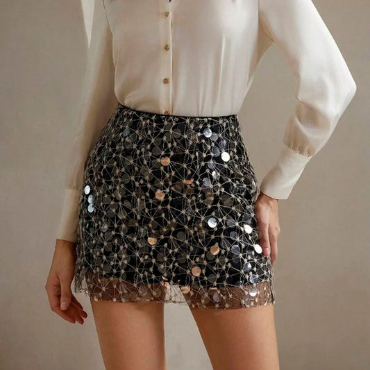 Black Sequin Skirt High Waist - Glamorous Party Mini Skirt - model wearing skirt