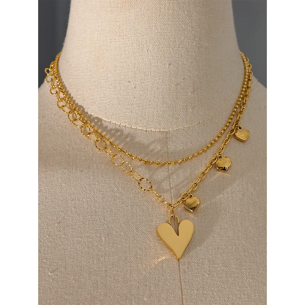 Gold Double Chain Necklace with Gold Hearts Pendant