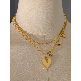 Sample wearing of gold Double Chain Necklace with Gold Hearts Pendant