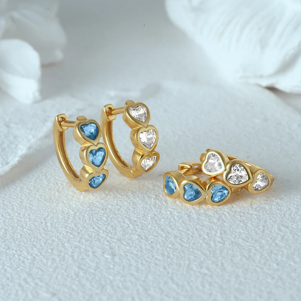 925 Sterling Silver Three Heart Blue White Zircon Hoop Earrings For Women 18k Gold Ins Fine Jewelry For Engagement Gift