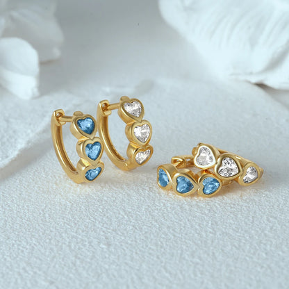 925 Sterling Silver Three Heart Blue White Zircon Hoop Earrings For Women 18k Gold Ins Fine Jewelry For Engagement Gift