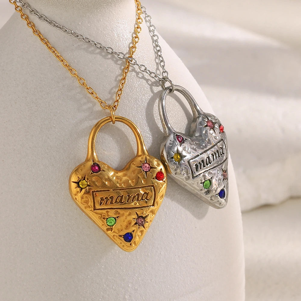 Mama Heart Pendant Necklace Circle Stainless Steel Women's Trendy Jewelry