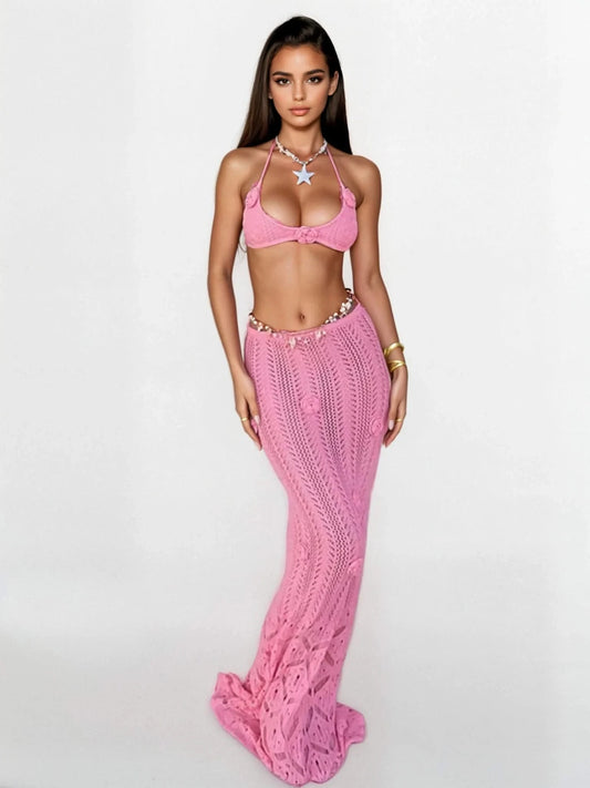 Pink Lace-Up Flower Skirt Set - model wearing new