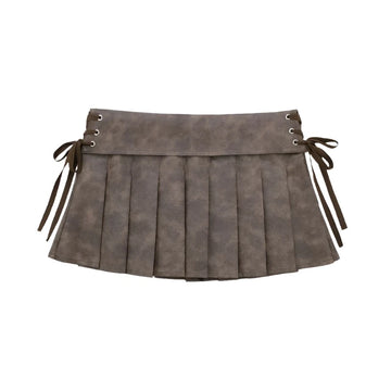 Brown Leather Pleated Mini Skirt