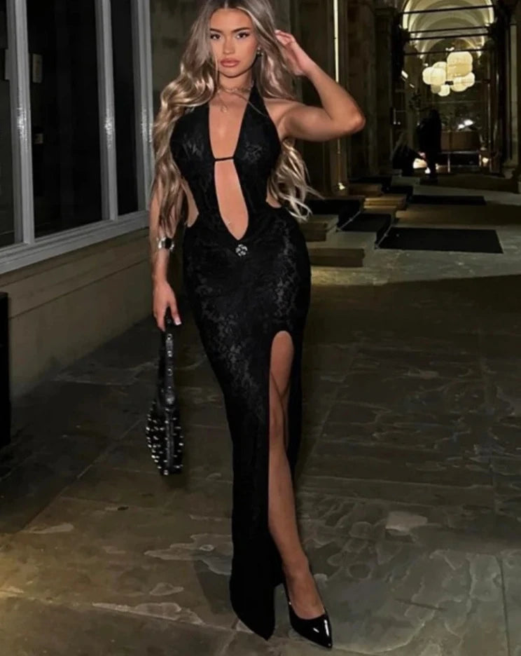 Full Shot of a woman wearing the black Mesh Maxi Split Dress with Hollow Deep V-Neckline