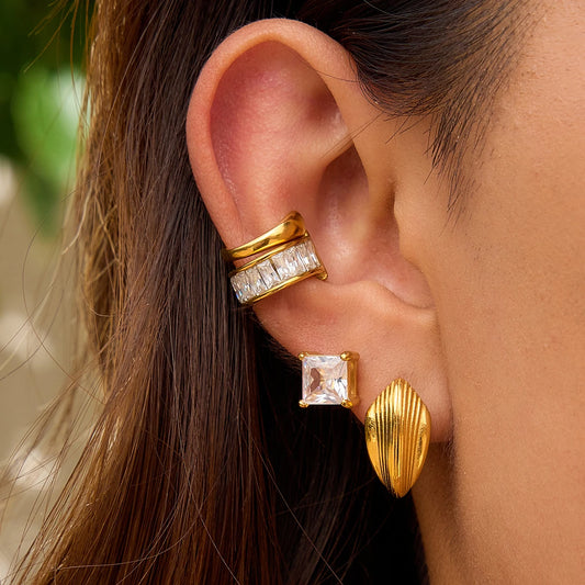 Minimalist Classic 18K Gold Color Plated Stainless Steel Ribbed Lines C-Shaped Ear Studs Women's Jewelry Party Gift